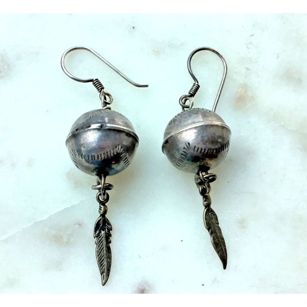 Southwest Sterling Silver Pearl Dangle Feather Handcrafted Earrings Signed 925